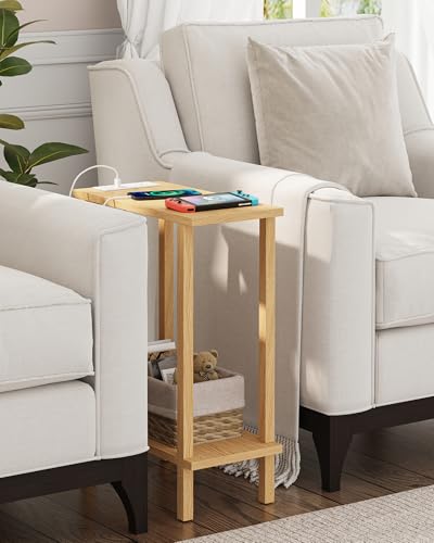 TUTOTAK Small End Table with Charging Station, Narrow Side Table with USB Ports and Outlets, Skinny Sofa Table, Slim Nightstand, Living Room, Bed Room, Natural TB01BN060 - color: Natural, size: 2-tier