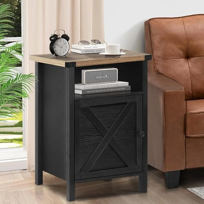 Farmhouse End Table, Nightstand with Barn Door and Shelf,Set of 2,Black | End Tables,Wooden Sofa Side Table, Modern Bed Side Table Rustic Nightstands, Bedroom, Living Room - color: Black