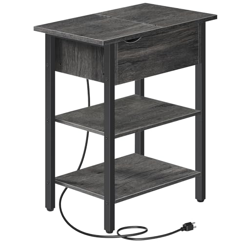 HOOBRO End Table with Charging Station, Narrow Side Table, Flip Top Nightstand with USB Ports and Outlets, Bedside Tables with Shelf for Small Spaces, Living Room, Charcoal Black BC341BZ01 - color: Charcoal Black