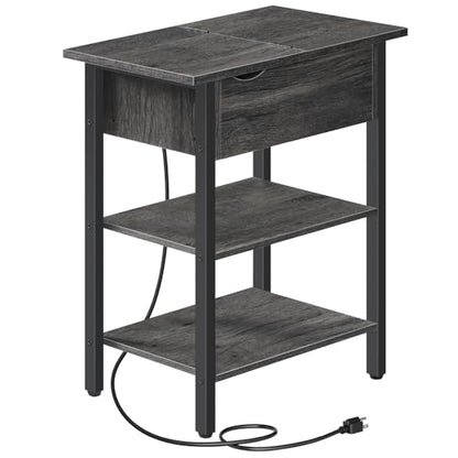 HOOBRO End Table with Charging Station, Narrow Side Table, Flip Top Nightstand with USB Ports and Outlets, Bedside Tables with Shelf for Small Spaces, Living Room, Charcoal Black BC341BZ01 - color: Charcoal Black