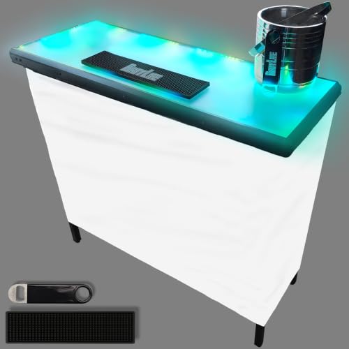 PartyLife Glowing LED Surface Portable Bar Table w/Mobile App, Folding Steel Legs, 2 Bar Skirts, Supportive Storage Shelf & Carrying Case - White Skirt - color: White, size: Standard, style: Glowing Surface
