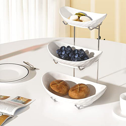 Fruit Bowl, 3 Tier Ceramic Fruit Basket, 3 Tier Serving Stand Serving Bowl with Metal Rack, Porcelain Kitchen Bowls for Fruit Vegetable Snack Nuts Dessert Cake Tray for Party Wedding - color: White