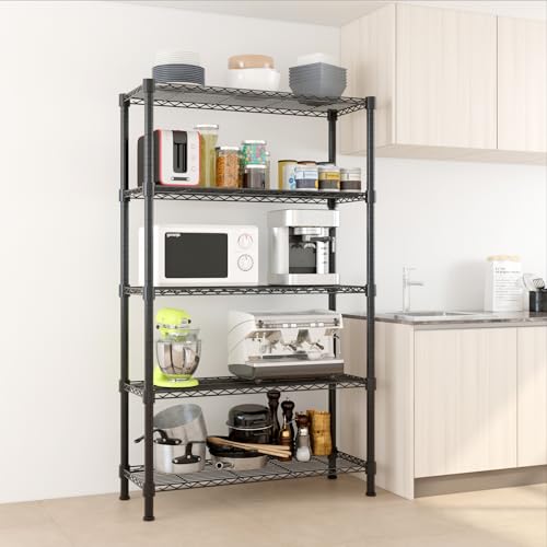 Metal Storage Shelf, Garage Storage Organization Wire Rack, Adjustable 5 Tier Wire Shelf, Modern Style, Space Saving Design for Home Office, Living Room, Bedroom, 35" W x 14" D x 71" H, Black - color: Black, size: 5-tier 35.43"W x 13.78"D x 70.87"H
