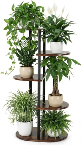 Tiered Plant Stand Indoor, Tall 5 Tier 6 Potted Wooden Plant Shelf for Multiple Flower Plants, Multi Corner Metal Plant Holder Indoor for Patio Garden Patent Design Living Room Balcony Bedroom, Rustic Brown - color: Rustic Brown, size: 5 Tier 6 Potted