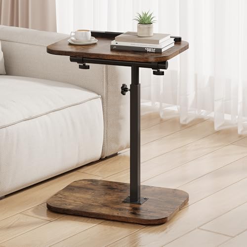 TV Tray Table, Sofa Side Armrest Tray, C Shaped End Table | Adjustable Height, Flip-Top, Snack Side Table with 360° Swivel and 180° Tilt, for Couch, Small Spaces, Bed, Chair, Brown - color: Brown