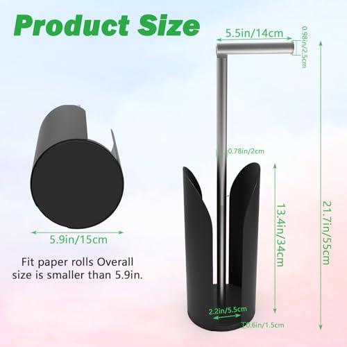 Toilet Paper Holder Stand for Bathroom, Stainless Steel Freestanding Rustproof Tissue Roll Holder with Storage Splash Guard, Holds 5 Rolls, Modern Black Bathroom Organizer, 21 Inch
