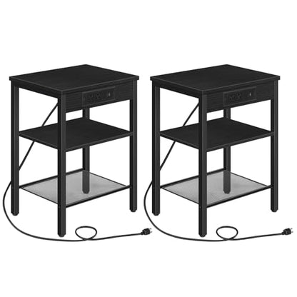 HOOBRO Side Tables Set of 2 with Charging Station and USB Port, Small End Tables for Small Space, 3-Tier Nightstands with Adjustable Shelf, for Living Room, Bedroom, Black BB112BZP201 - color: Black