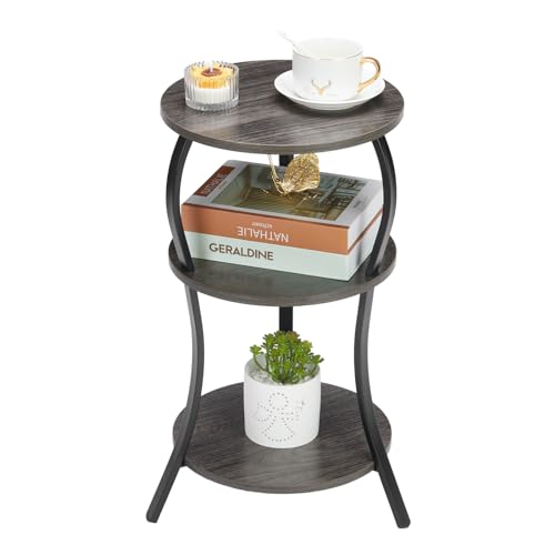 YEAKOO Vintage 3 Tier Small Round Side Table for Small Spaces,Grey | 3-Tier Slim Waist Circular End Table with Storage Shelf, Round Corner Table Nightstand for Living Room Bedroom - color: Grey, style: Classic