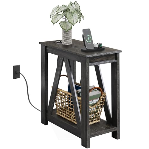WLIVE Narrow Black End Table with Charging Station of Open Storage Shelf, Sofa Side Table with 2 USB Ports and 2 Power Outlets, Slim Farmhouse End Table for Small Spaces, 11.8" D x 23.6" W x 23.74" H - color: Charcoal Black