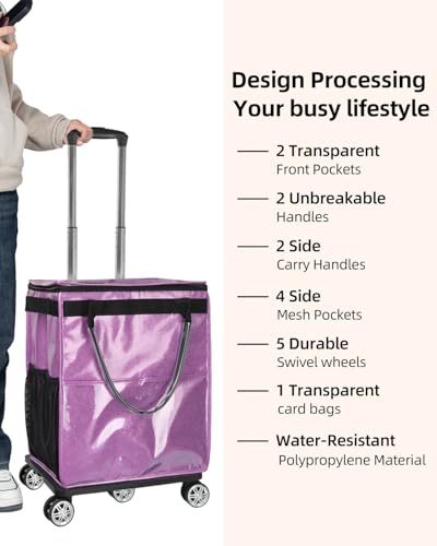 Reusable Grocery Bags on Wheels, Rolling Tote Bag, Starry Purple | for Groceries, Shopping, with Drawstring Bag 54L, Foldable, Laundry - color: Starry Purple