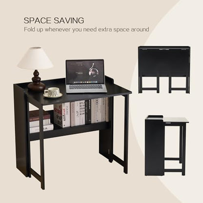 Foldable Desk，Folding Table with Storage Shelf,32.6 Inch Fold Out Computer Desk for Small Spaces,Writing Desk for Bedroom Home Office Dorm and Apartment (Black)