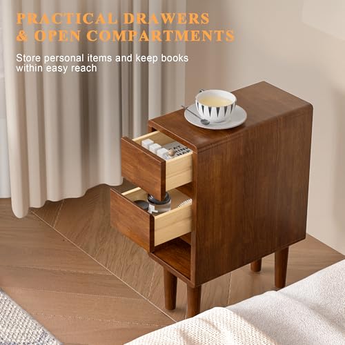 Narrow Nightstand 2 Drawers with Open Shelf Narrow Night Stand Solid Wood Bedside Table Mid Century Modern Nightstand Wooden End Table for Bedroom, Study, Office - color: Walnut-2d, size: 15.75''×8''×23.62''