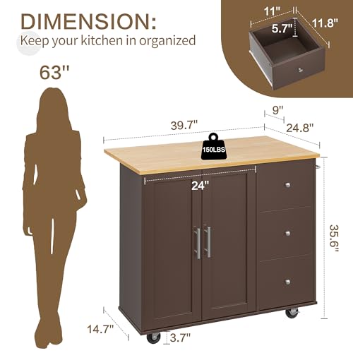 SUNLEI Kitchen Island with Storage Cabinet, Rolling Kitchen Table with Foldable Drop Leaf, Kitchen Island Cart on Wheels with Handle for Towel, Portable Islands for Kitchen (Brown, 39.7-INCH) - size: 39.7 INCH, style: Brown