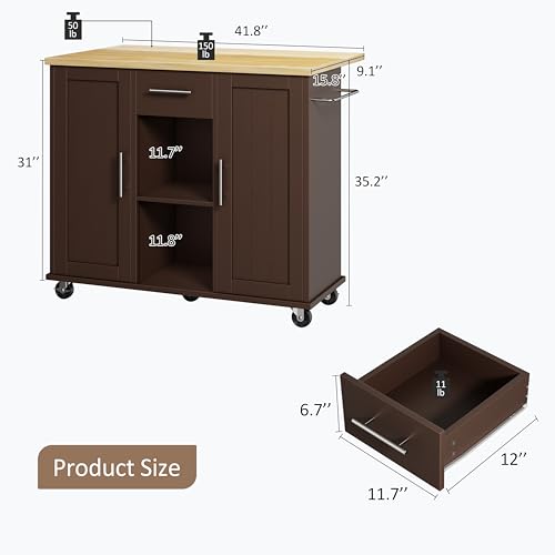 SUNLEI Rolling Kitchen Island Cart with Wheels, Island Table for Kitchen, Farmhouse Kitchen Cart with Drop Leaf & Towel Rack & Drawer, Kitchen Islands Table with Storage Cabinet, Brown - style: Brown