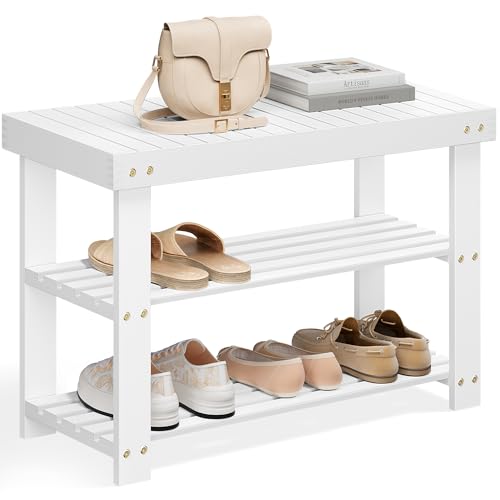 SONGMICS Shoe Rack Bench, 3-Tier Bamboo Shoe Storage Organizer, Entryway Bench, Holds Up to 286 lb, 11.3 x 27.6 x 17.8 Inches, for Entryway Bathroom Bedroom, Cloud White ULBS004W01 - color: Cloud White, size: 27.6"W