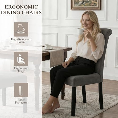 LSSBOUGHT Upholstered Dining Chairs Set of 2,Tufted Parsons Kitchen Chair with Solid Wood Legs, Modern Towel Fabric Side Chair for Dining Room/Restaurant(2pcs,Gray) - color: Gray-fabric, size: Set of 2