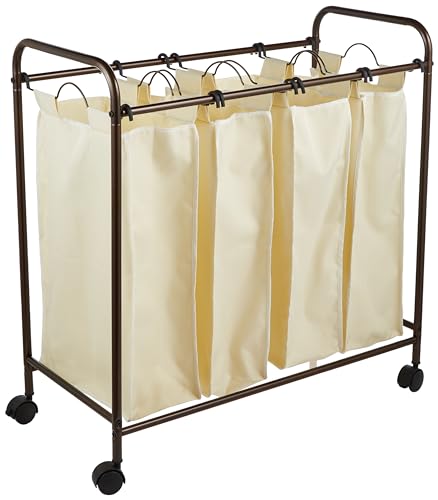 Household Essentials 7173 Rolling Quad Laundry Sorter with Removable Hamper Bags | Antique Bronze Frame - color: Natural/Bronze