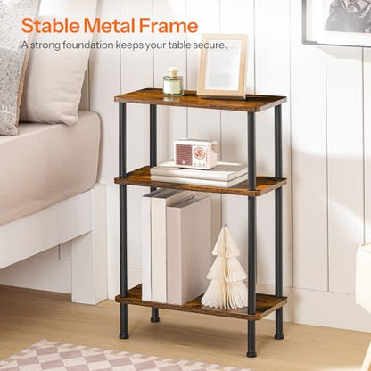 HOOBRO Narrow Side Table Set of 2, 3-Tier Slim End Table No Tools Needed, Twist-On Assembly, Skinny Nightstand Sofa Storage Shelf for Living Room, Bedroom, Study, Rustic Brown and Black BF246BZP201 - color: Rustic Brown + Black