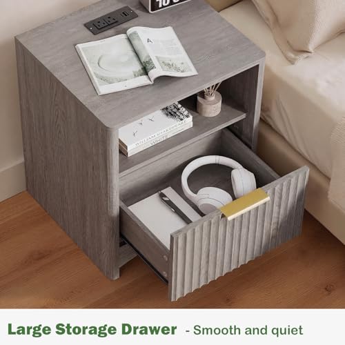 Marsail Fluted Nightstand Set of 2, Wooden Nightstands with Drawers, Modern Bedside Table with Charging Station and Storage, End Table with Storage Side Table for Bedroom, Grey - color: Grey