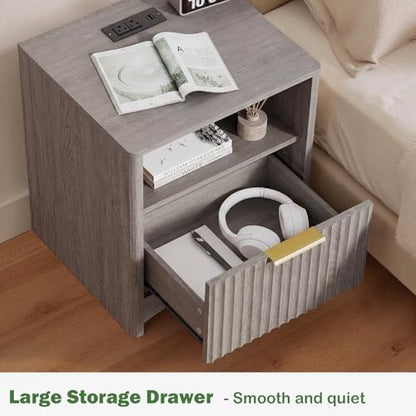 Marsail Fluted Nightstand Set of 2, Wooden Nightstands with Drawers, Modern Bedside Table with Charging Station and Storage, End Table with Storage Side Table for Bedroom, Grey - color: Grey