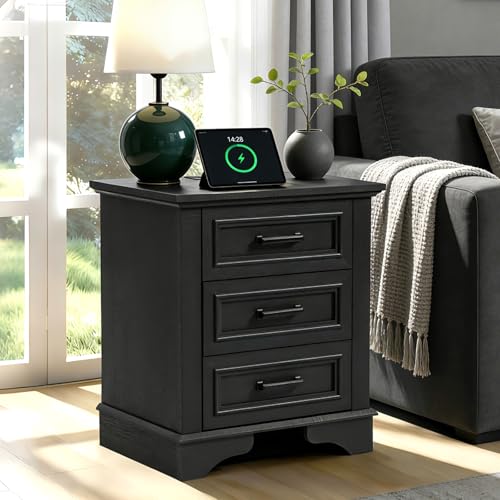 22" Modern Nightstand Charging 3 Drawers End Table Bedroom Office Black | Built-in USB & Type-C charge overnight, 3 large drawers, simple design for bedroom/office, sleek black wood. - color: Black, size: 16"D x 22"W x 24"H (3 Drawers)