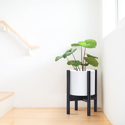D'vine Dev Plastic Pot with Ebony Wood Stand, White, 8 in, 55-C-K-1 | Mid-Century Inspired Design, Elevated Plant Display, Clean Lines, Sturdy Support, Modern Space-Saving Style - color: Matte White Pot + Ebony Stand, size: 8 Inch