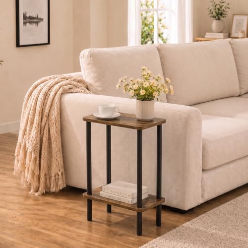 THUMEYE Narrow Side Table 7" Wide, 2 Tier Skinny End Table with Wood Legs, Slim Nightstand/Bedside Table for Small Spaces, with Adjustable Feet, 15.7" L x 20.6" H - color: Rustic Brown, size: 2-Tier