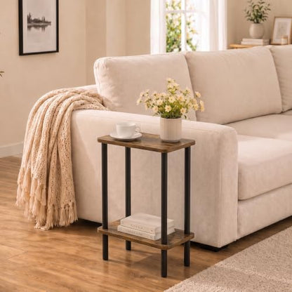 THUMEYE Narrow Side Table 7" Wide, 2 Tier Skinny End Table with Wood Legs, Slim Nightstand/Bedside Table for Small Spaces, with Adjustable Feet, 15.7" L x 20.6" H - color: Rustic Brown, size: 2-Tier