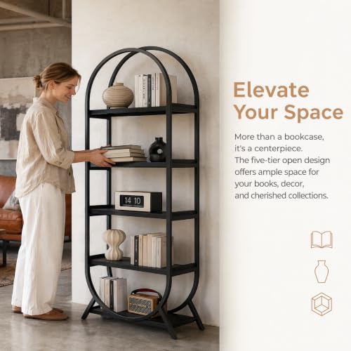 Bookshelf Arched Bookcase, Industrial 5 Tier Open Book Shelves with Metal Frame, 72" Tall Freestanding Display Rack for Home Office, Living Room, Black - color: Black, size: 5 Tier Arched