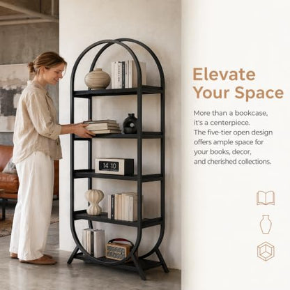 Bookshelf Arched Bookcase, Industrial 5 Tier Open Book Shelves with Metal Frame, 72" Tall Freestanding Display Rack for Home Office, Living Room, Black - color: Black, size: 5 Tier Arched