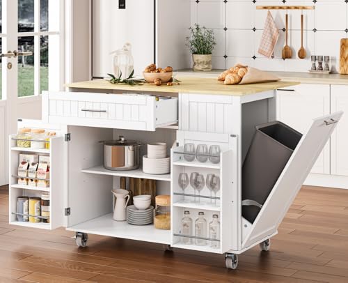 Kitchen Island with Storage, 43.3" Rolling Kitchen Island Cart on Wheels with Wide Drop Leaf Rubberwood Top, Large Mobile Island Table with Trash Can Storage and Towel Bar, White - size: Large Kitchen Island, style: Modern White