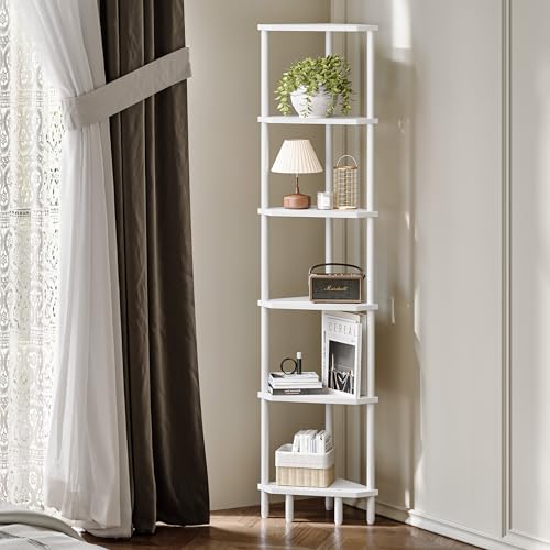 6 Tier Corner Shelf, 66.5'' Tall Standing Shelf, Narrow Display Shelf Stand | Modern Corner Bookshelf, Corner Bookcase for Living Room, Bedroom, Bathroom, White LCS502W - color: White