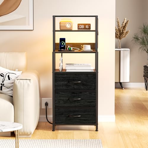 Furnulem Night Stand, Tall Nightstand with 4-Tier Shelves and 3 Fabric Drawers, LED Bed Side Tables with Charging Station, Bedside Table for Bedroom, Hallway, Home Office, Black Oak - color: Black Oak, size: 3 Drawer