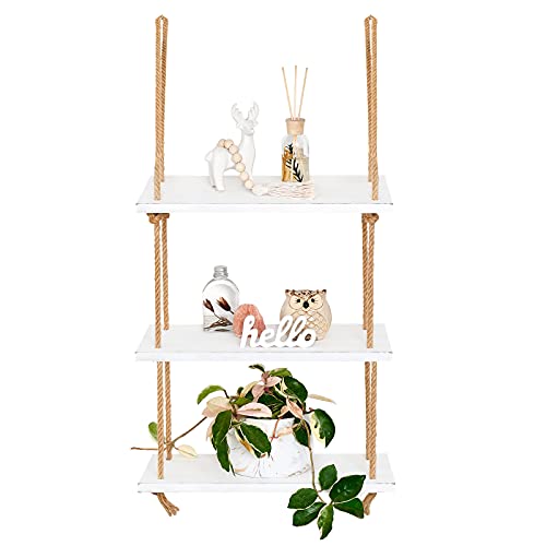 Mkono Hanging Shelves 3 Tier White Wood Wall Mount Floating Shelf with Rope Boho Decor for Living Room Bathroom Bedroom Kitchen Apartment - Rustic Wood Decorative Storage Shelf - color: White