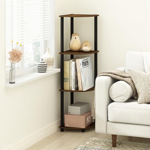 Furinno Turn-N-Tube Toolless Assembly 4-Tier Corner Shelf, Rustic Brown Corner Book Shelf, Open Shelves Bookshelf, for Organization and Storage, Living Room, Home Office, Bedroom, Amber Oak - color: Amber Oak/Black, size: 4-Tier Corner