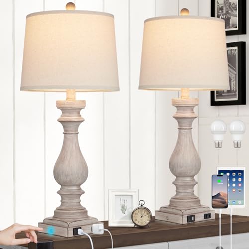 29" Tall Table Lamp for Living Room Set of 2,Vintage Bedside Nightstand Lamps with USB C+A Ports & AC Outlet,3-Way Dimmable Touch Control Desk Lamp for Bedroom,Color 2 - color: Gray