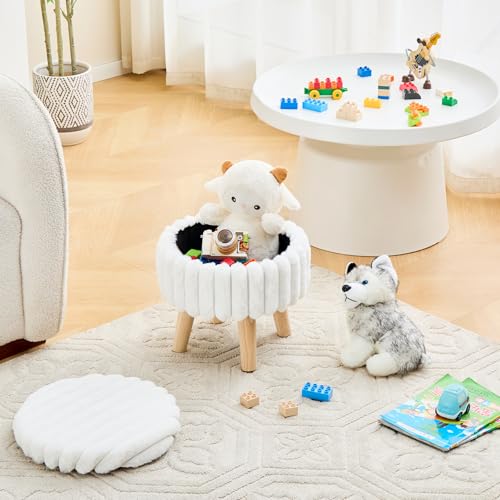 Wimarsbon Storage Ottoman, Modern Round Footrest with Soft Padded Seat, Teddy Velvet Footstool with Wood Legs, Accent Small Table or Plant Stand for Hallway, Living Room (White) - color: White