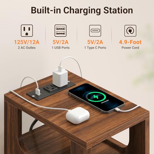 ELYKEN 7.9" Small Narrow Side Table with Charging Station, 24.4" H Skinny Fluted Nightstand with 2 Drawers, Solid Wood Feet, Open Storage, Slim End Table for Small Spaces, Bedroom, Walnut - color: Walnut-1 Pcs