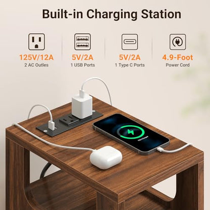 ELYKEN 7.9" Small Narrow Side Table with Charging Station, 24.4" H Skinny Fluted Nightstand with 2 Drawers, Solid Wood Feet, Open Storage, Slim End Table for Small Spaces, Bedroom, Walnut - color: Walnut-1 Pcs