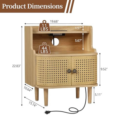 Storage End Table with 2 Door Set of 2, Bed Side Table with Charging Station, Metal Rattan Nightstand for Bedroom, Desk Side Table for Living Room Couch Sofa, Office, Small Spaces - Natural - size: Door Natural-set