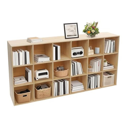 18-Cube Solid Wood Bookshelf, 3-Tier Storage Organizer Semi-Open Floor Display Shelf Closet Cabinet for Home Office Library School, 12" D x 71" W x 35" H - size: 18-Cube