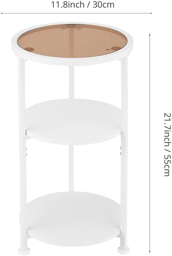 Modern 3-Tier Round End Table with Amber Tempered Glass Top, 11.8" Small Side Table for Living Room, Bedside Nightstand with Metal Frame & MDF Shelves for Small Spaces, White & Gold-Tone Accents - color: White