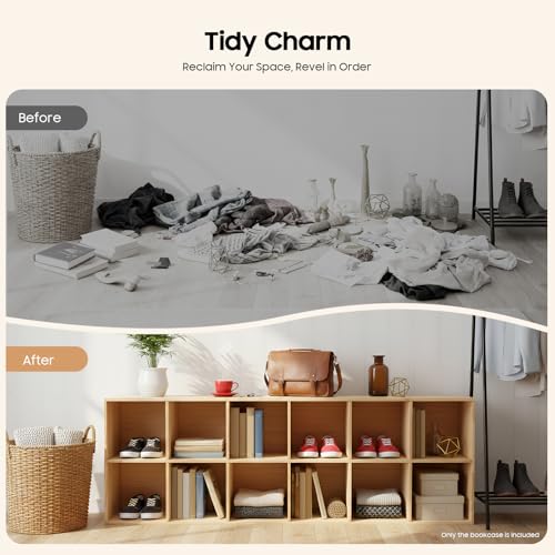 12-Cube Solid Wood Bookshelf, 2-Tier Storage Organizer Semi-Open Floor Display Shelf Closet Cabinet for Home Office Library School, 12" D x 71" W x 24" H - size: 12-Cube, 12"D x 71"W x 24"H