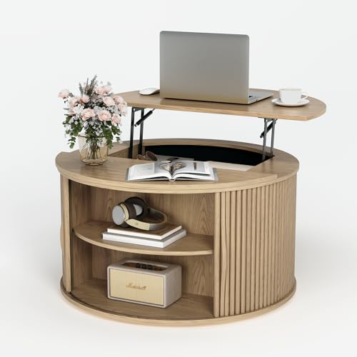 JOINICE Round Lift Top Coffee Table with Storage for Living Room,Oak | 31.5" Drum Design,Hidden Storage&Open Shelf,Boho Fluted Center Table for Small Apartments,Easy Assembly,Up to 150 lbs