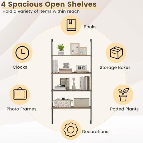 Giantex 4 Tier Modern Wall Mounted Bookshelf Rustic Brown, 64" Industrial Wood Bookcase with Metal Frame, Display Storage Rack Organizer, Ladder Shelf Bookcase for Living Room, Kitchen