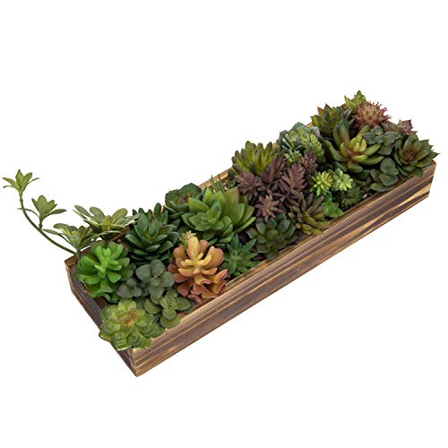 MyGift Artificial Succulent Centerpiece, 15.75 Inch Faux Succulents Arrangement Plants in Rustic Burnt Wood Rectangular Planter Box - color: Burnt Wood