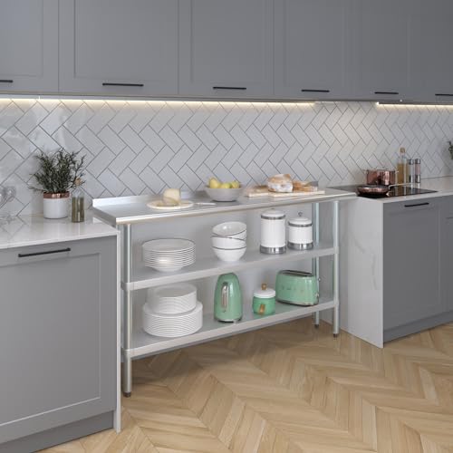 AmGood Stainless Steel Work Table with 1.5" Backsplash and 2 Shelves | Metal Kitchen Food Prep Table | NSF (60" Long x 14" Deep) - size: 60" Long x 14" Deep
