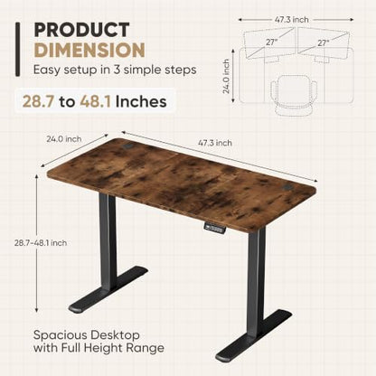 Furmax 48 Inches Electric Height Adjustable Standing Desk Home Office Desk | Large Sit Stand Up Computer Desk Memory Preset with T-Shaped Metal Bracket, Brown - color: Brown, size: 48 Inch