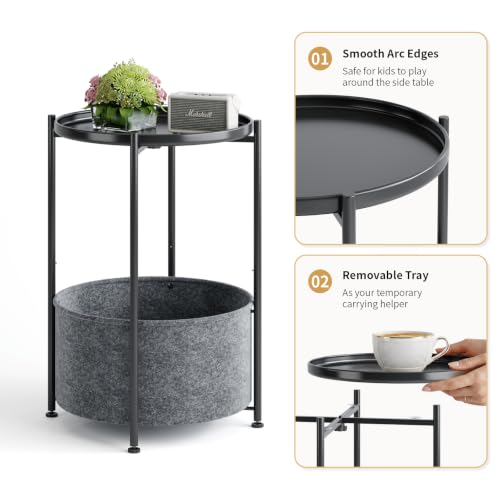 Small Round Side Table with Felt Storage Basket and Removable Tray | Accent Table, Metal End Table with Adjustable Feet, Side Table for Nursery, Bedroom, Living Room, Laundry Room, Black - color: Black