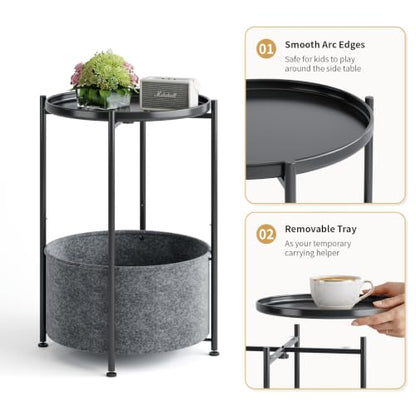Small Round Side Table with Felt Storage Basket and Removable Tray | Accent Table, Metal End Table with Adjustable Feet, Side Table for Nursery, Bedroom, Living Room, Laundry Room, Black - color: Black